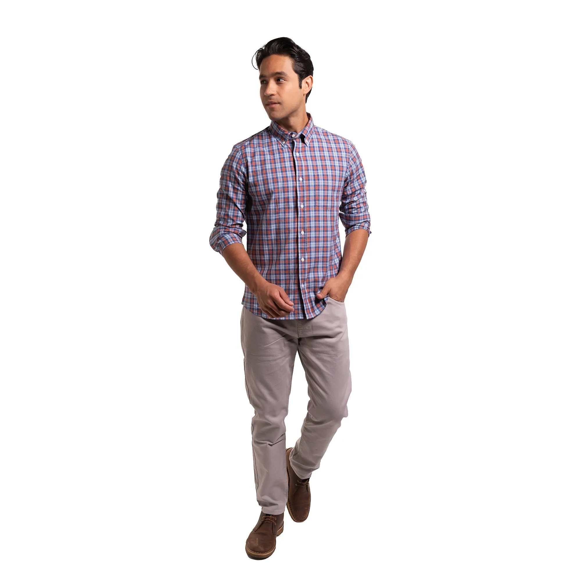 Everyday Stretch Oxford Standard Fit -  Navy Brown Plaid
