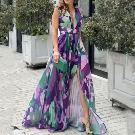 Fashion Sleeveless V-Neck Tight Waist Split Dress
