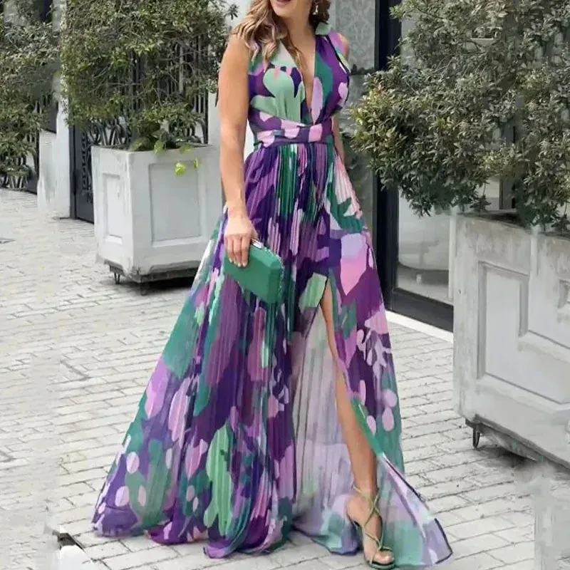 Fashion Sleeveless V-Neck Tight Waist Split Dress