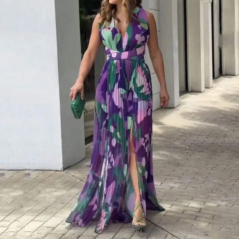 Fashion Sleeveless V-Neck Tight Waist Split Dress