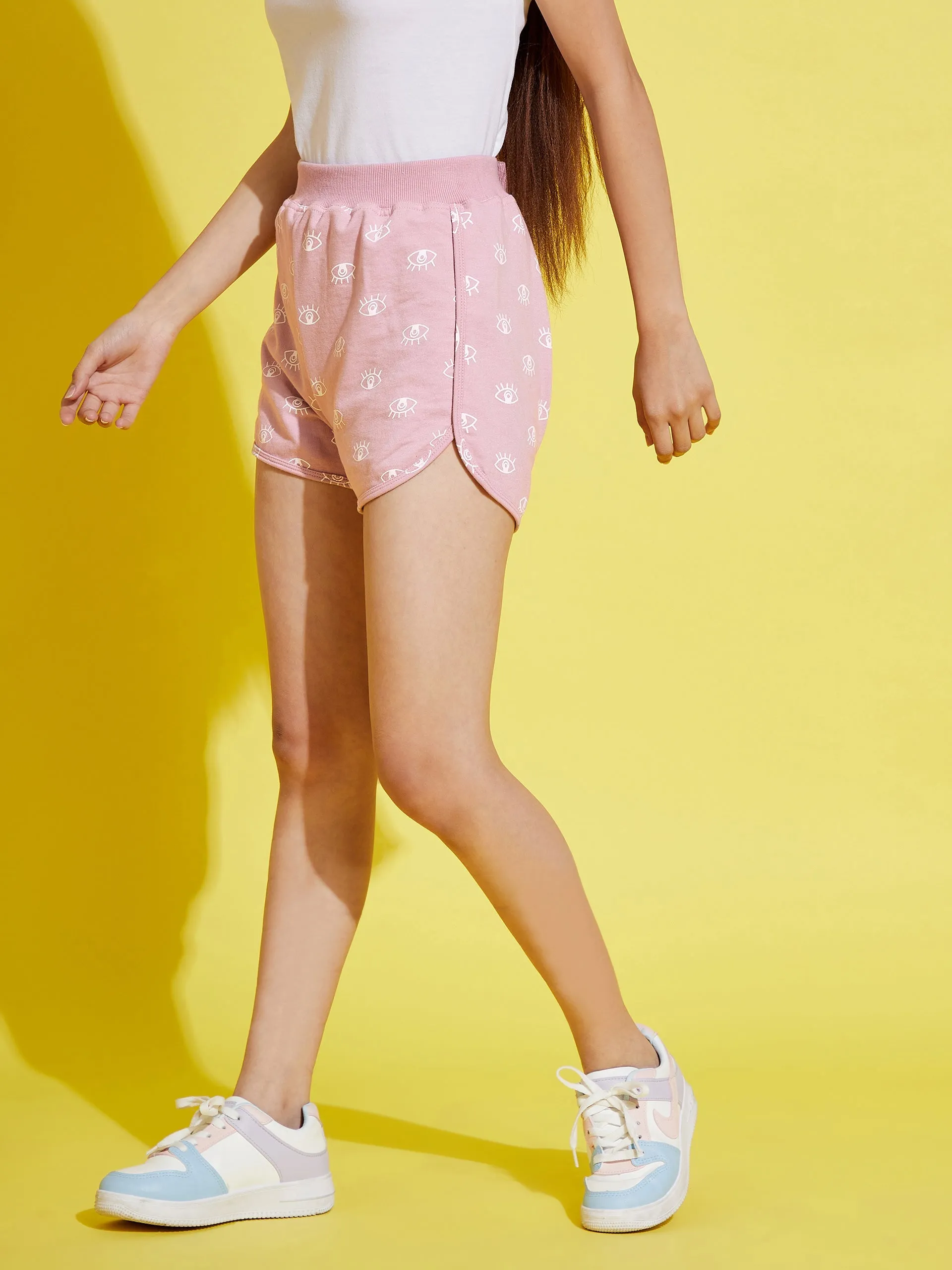 Girls Mauve Eye Print Terry Shorts