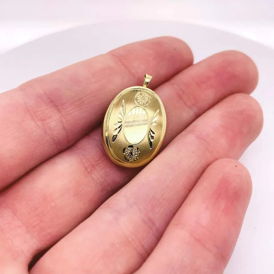 Gold Flower Locket, Vintage Inspired 14K Gold Floral Wing Oval Engraved Necklace