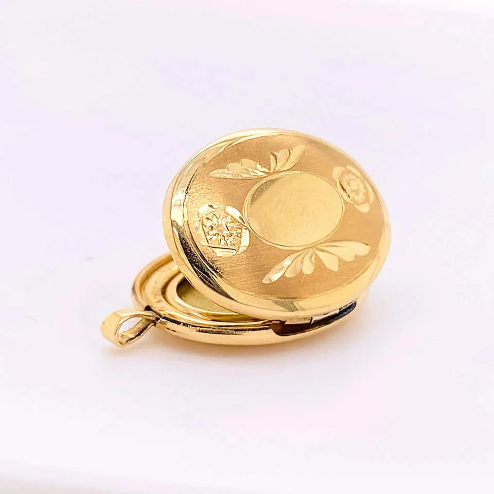 Gold Flower Locket, Vintage Inspired 14K Gold Floral Wing Oval Engraved Necklace