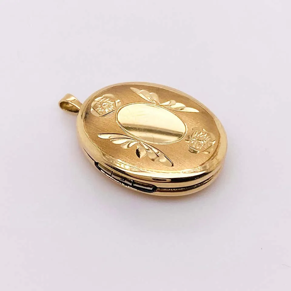 Gold Flower Locket, Vintage Inspired 14K Gold Floral Wing Oval Engraved Necklace