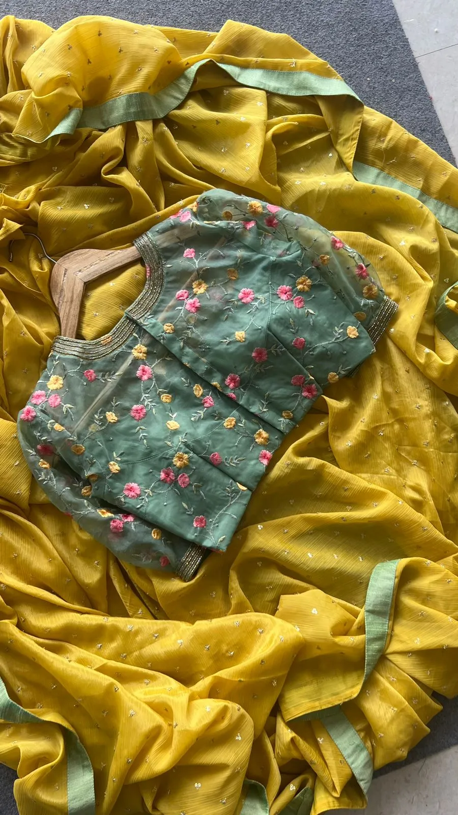 Green organza embroidery hand worked blouse