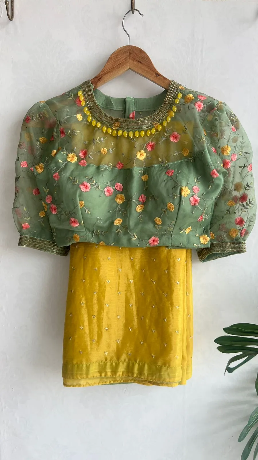 Green organza embroidery hand worked blouse