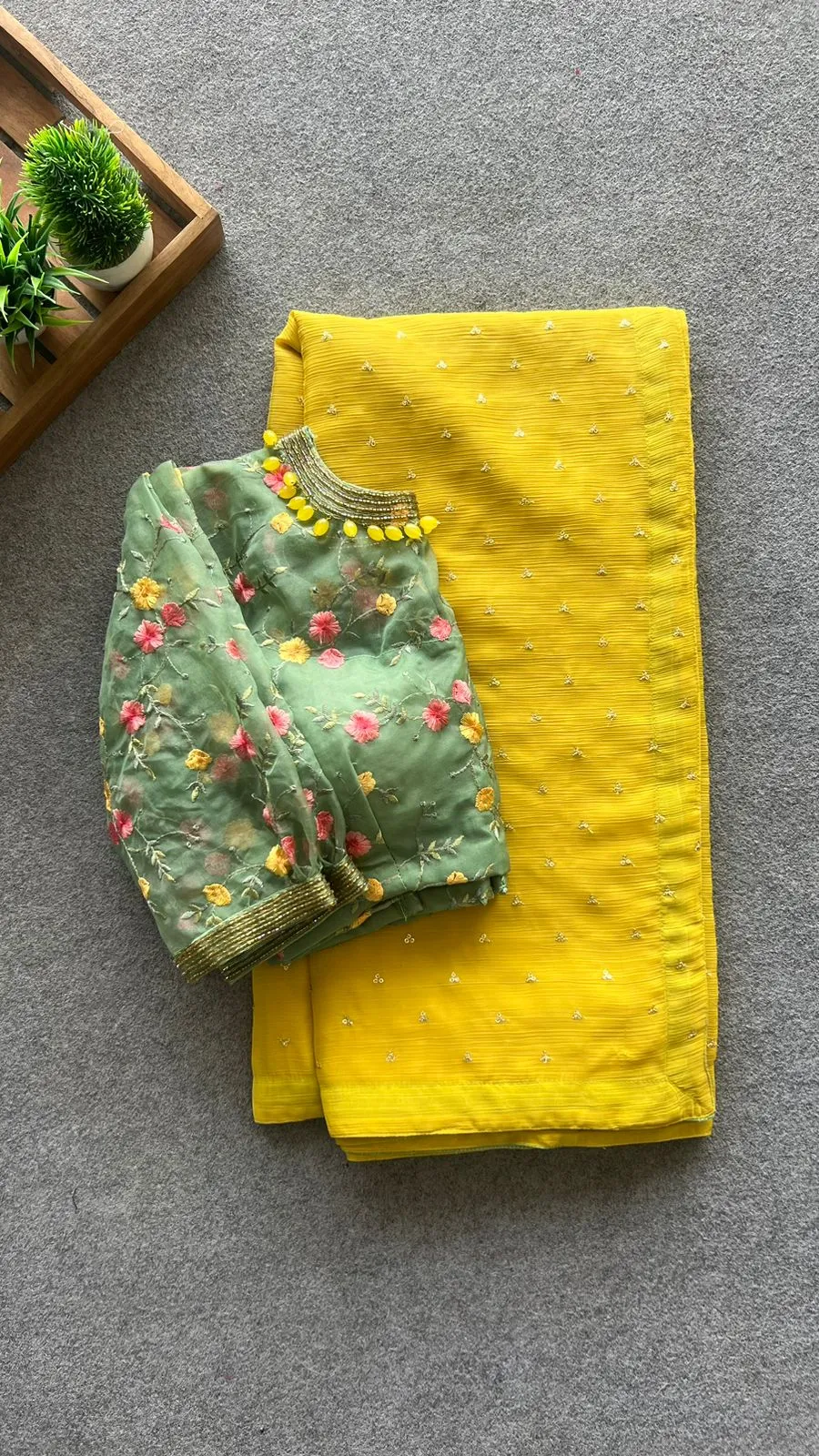 Green organza embroidery hand worked blouse