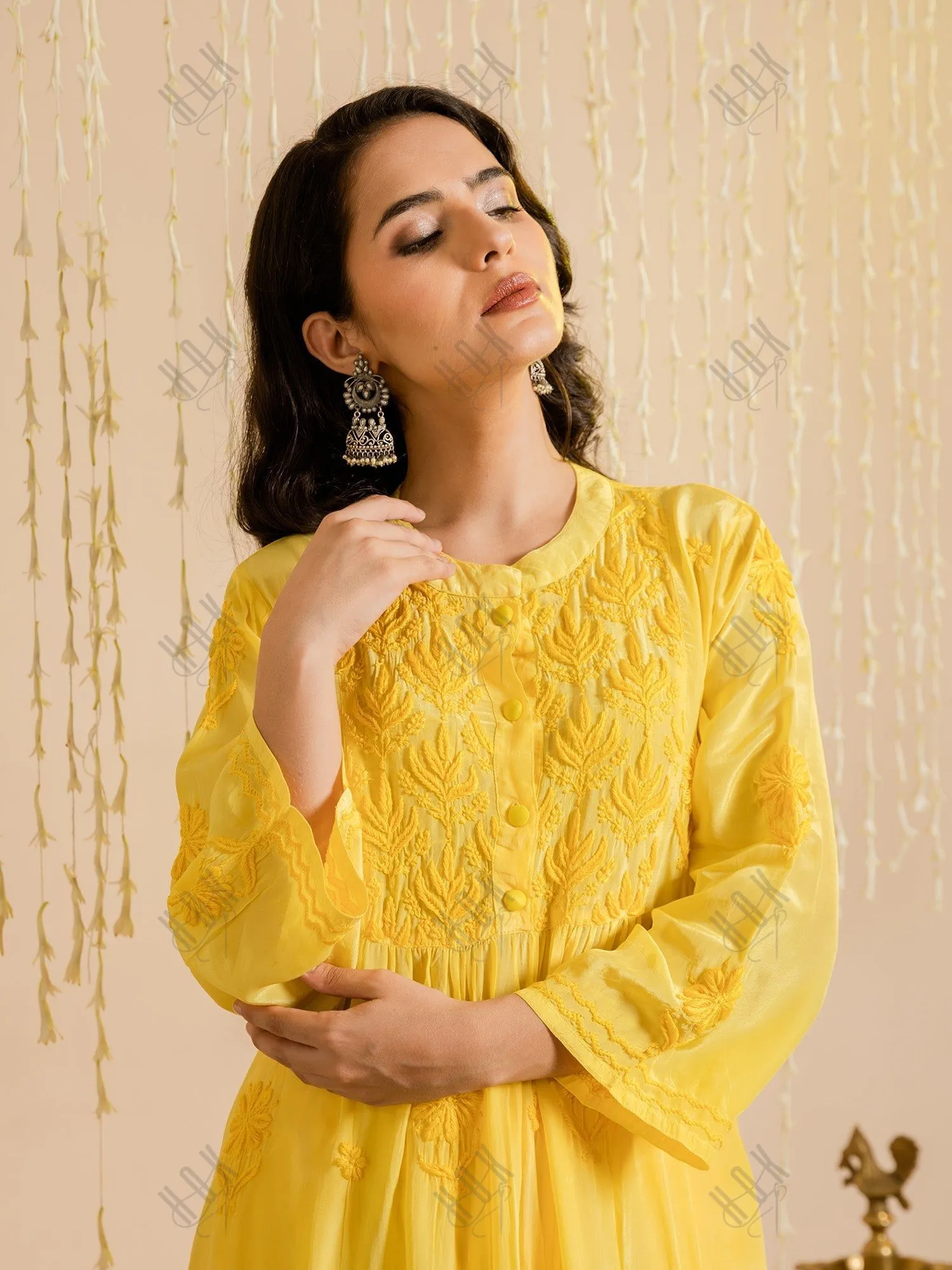 Hrishta in Fizaa Chikankari Crepe Silk Kurta Set for Women Yellow