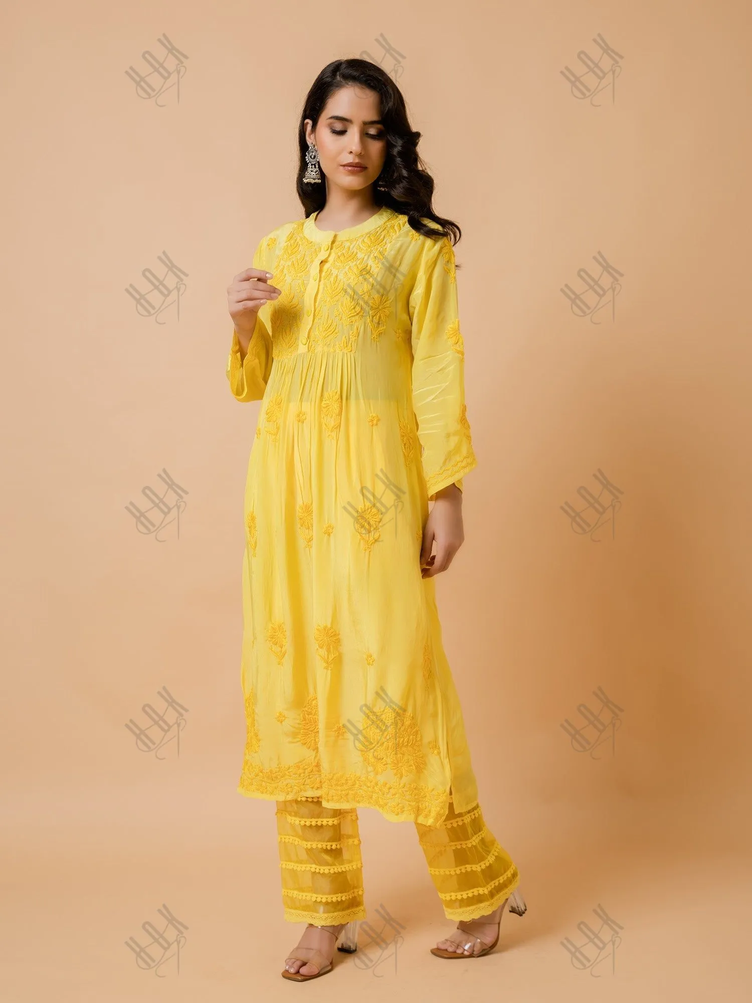 Hrishta in Fizaa Chikankari Crepe Silk Kurta Set for Women Yellow