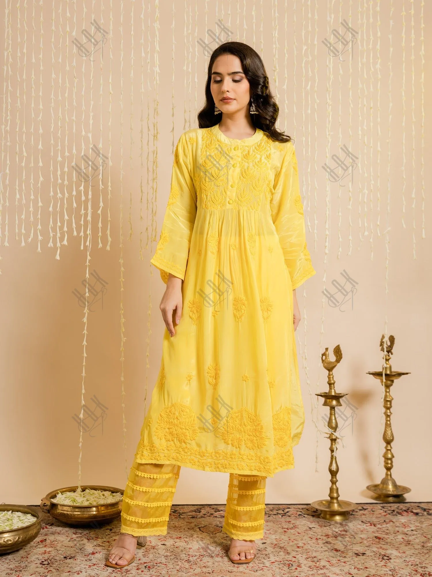 Hrishta in Fizaa Chikankari Crepe Silk Kurta Set for Women Yellow