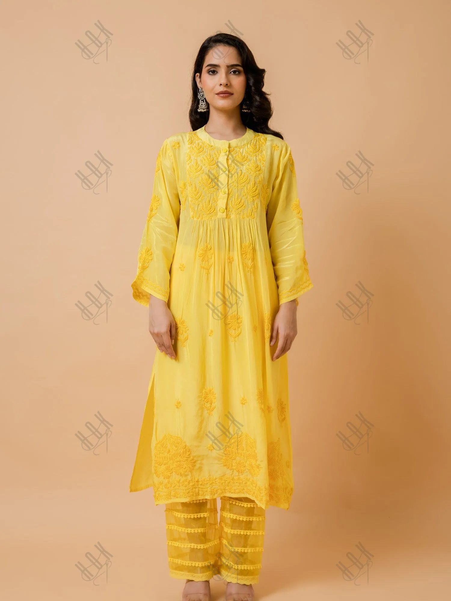 Hrishta in Fizaa Chikankari Crepe Silk Kurta Set for Women Yellow