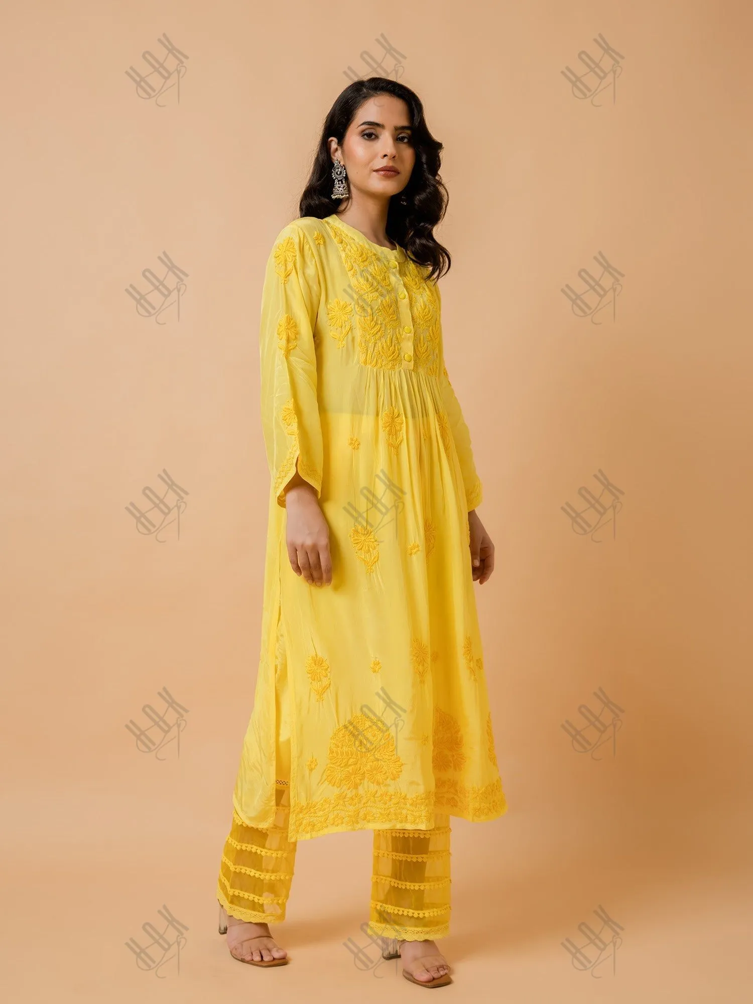 Hrishta in Fizaa Chikankari Crepe Silk Kurta Set for Women Yellow
