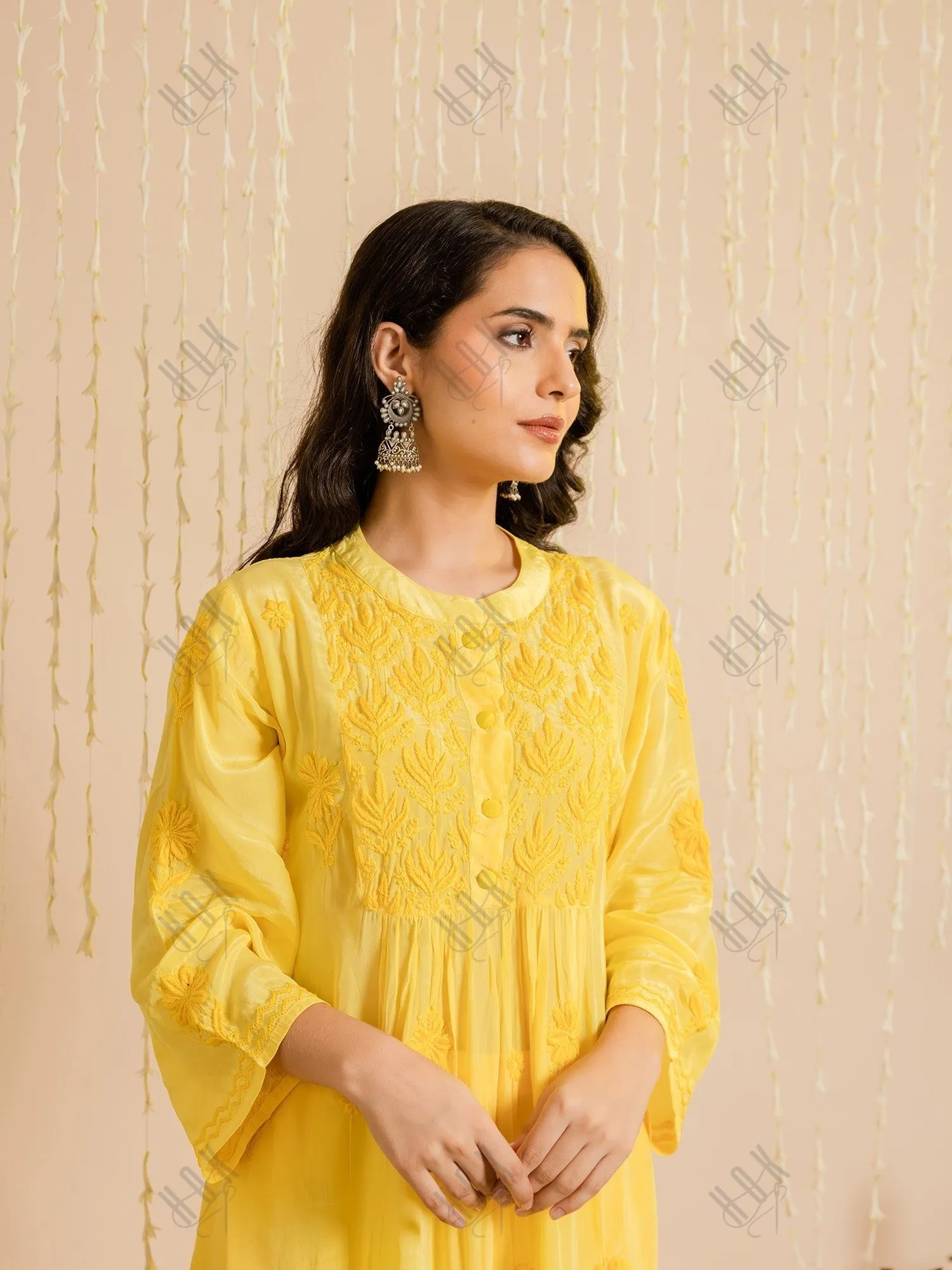Hrishta in Fizaa Chikankari Crepe Silk Kurta Set for Women Yellow