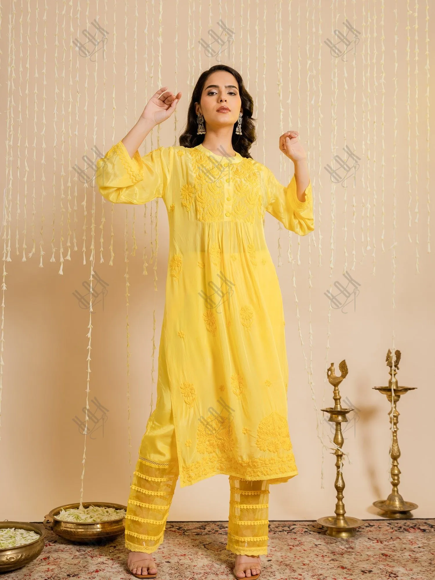Hrishta in Fizaa Chikankari Crepe Silk Kurta Set for Women Yellow