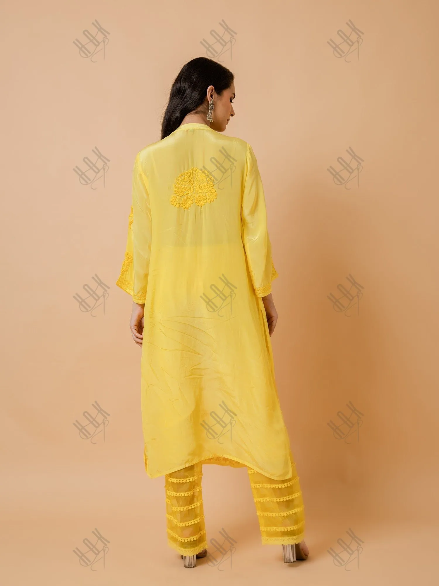 Hrishta in Fizaa Chikankari Crepe Silk Kurta Set for Women Yellow