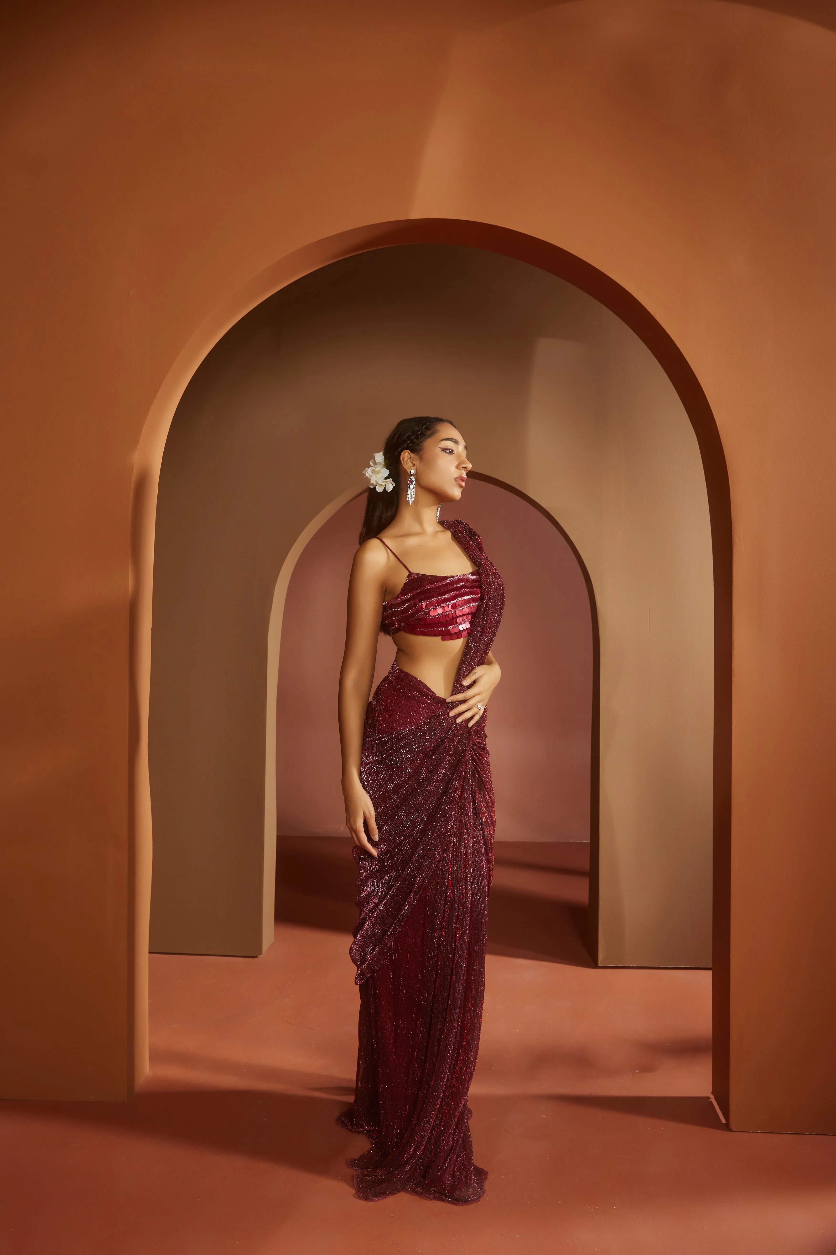 Humaida Maroon Shimmer Pre- Draped Saree Set
