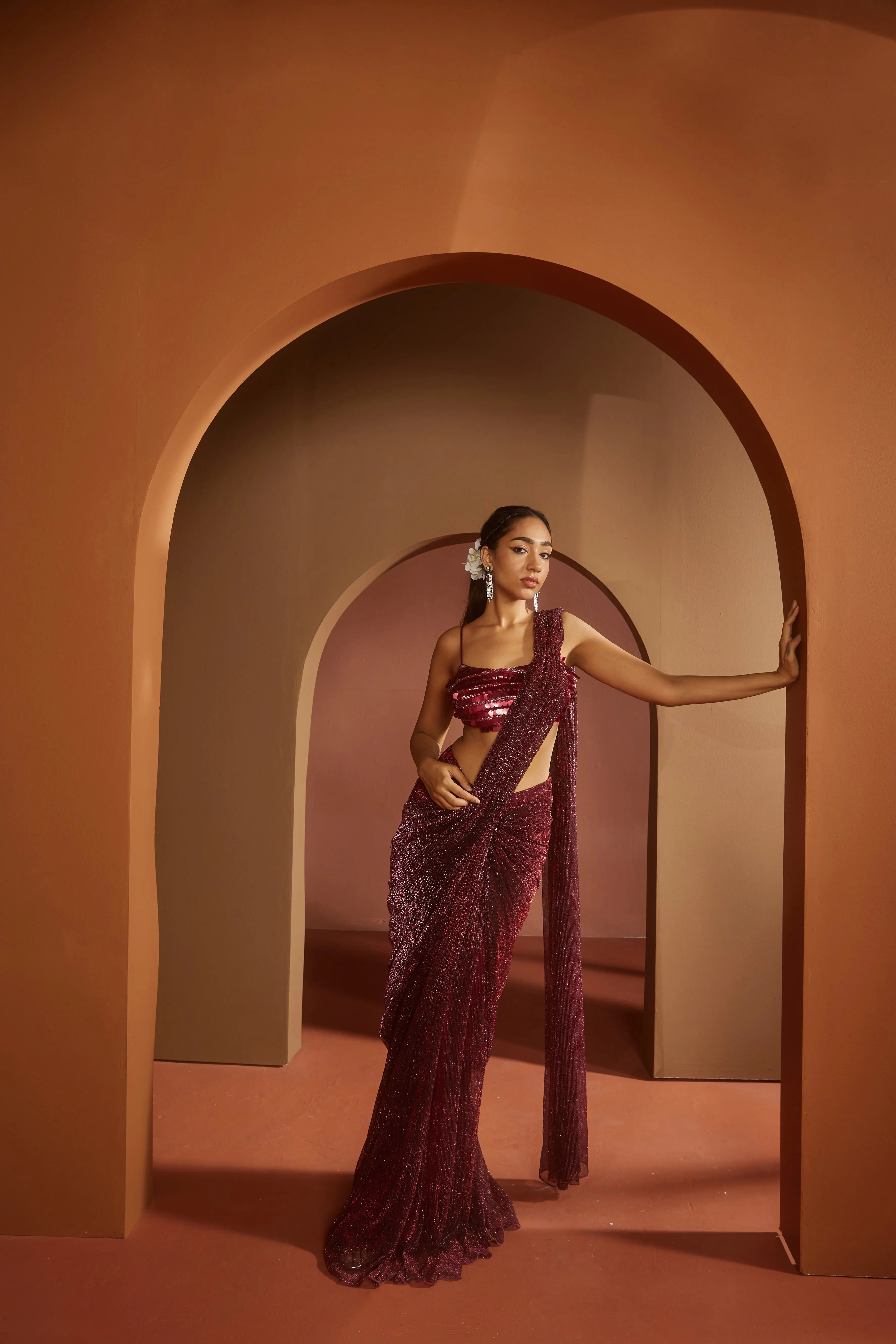 Humaida Maroon Shimmer Pre- Draped Saree Set