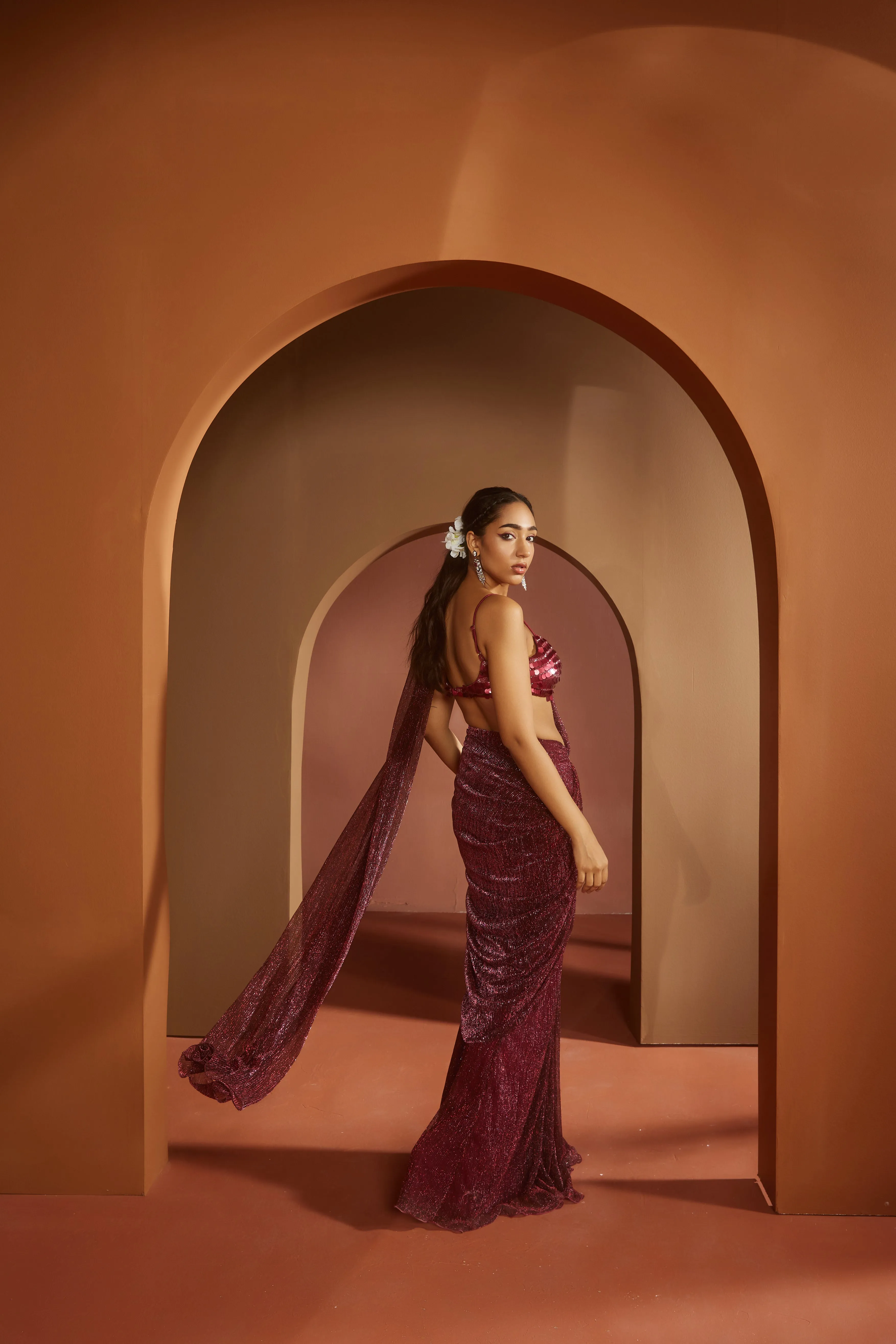 Humaida Maroon Shimmer Pre- Draped Saree Set