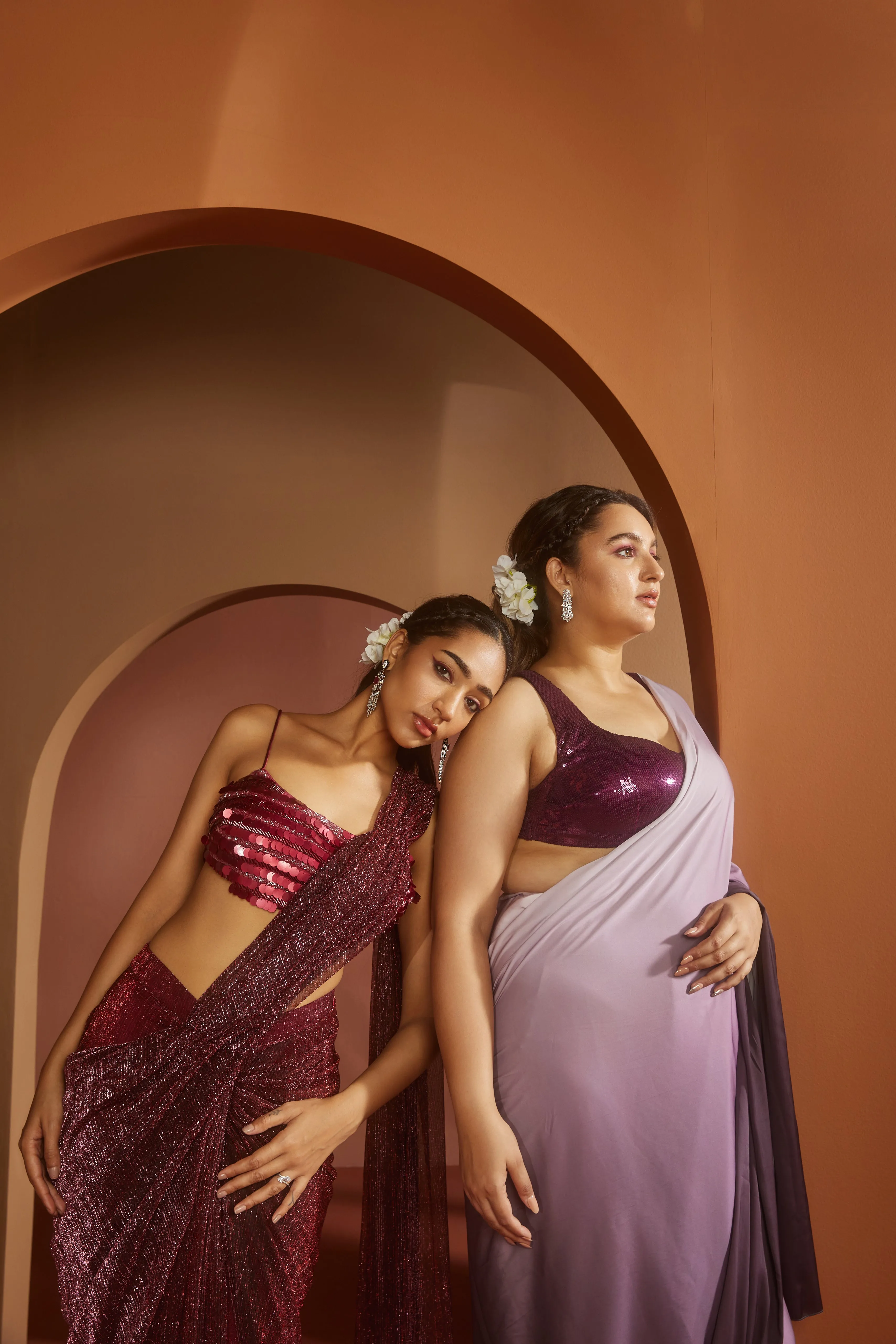 Humaida Maroon Shimmer Pre- Draped Saree Set