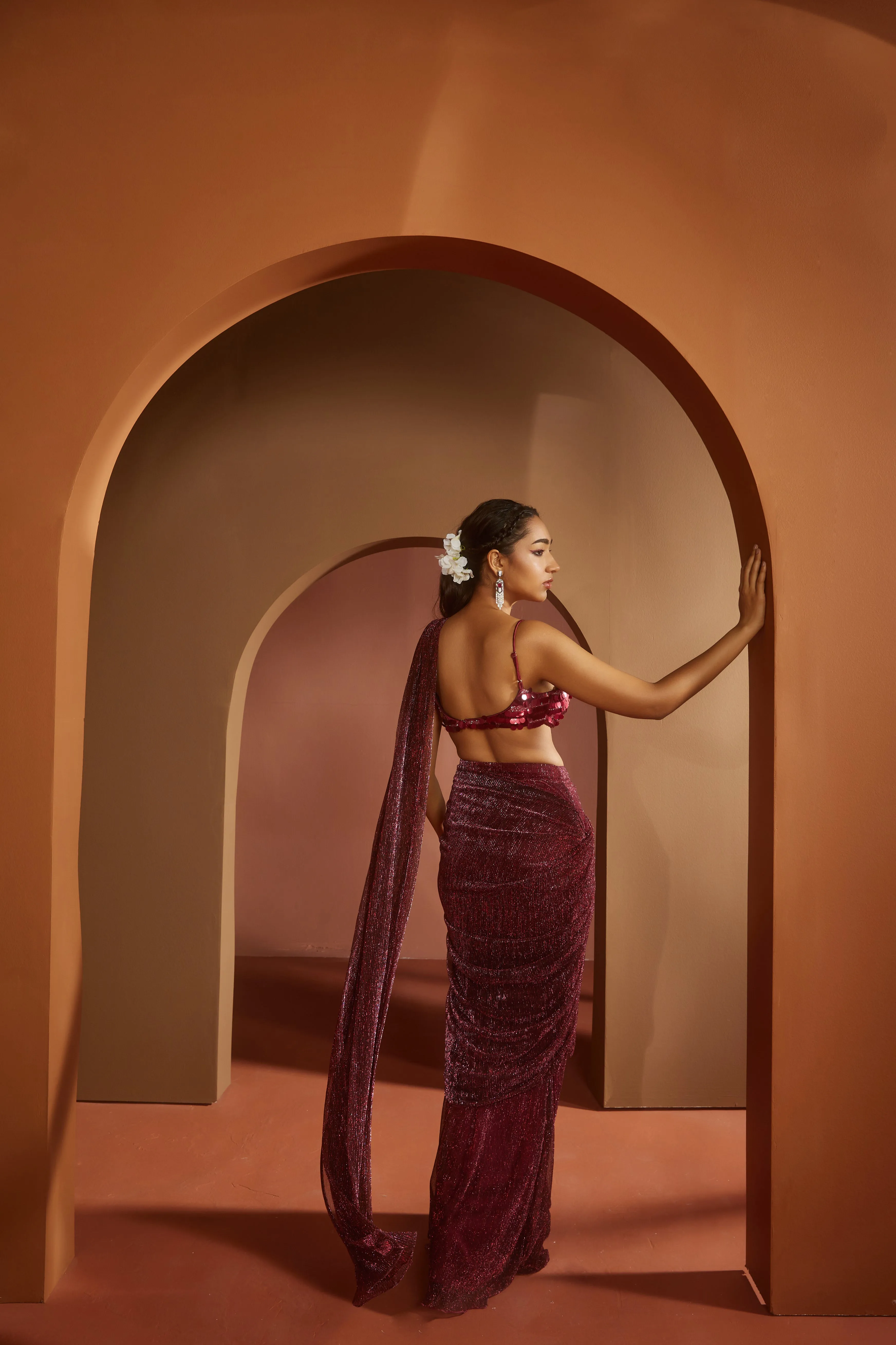 Humaida Maroon Shimmer Pre- Draped Saree Set