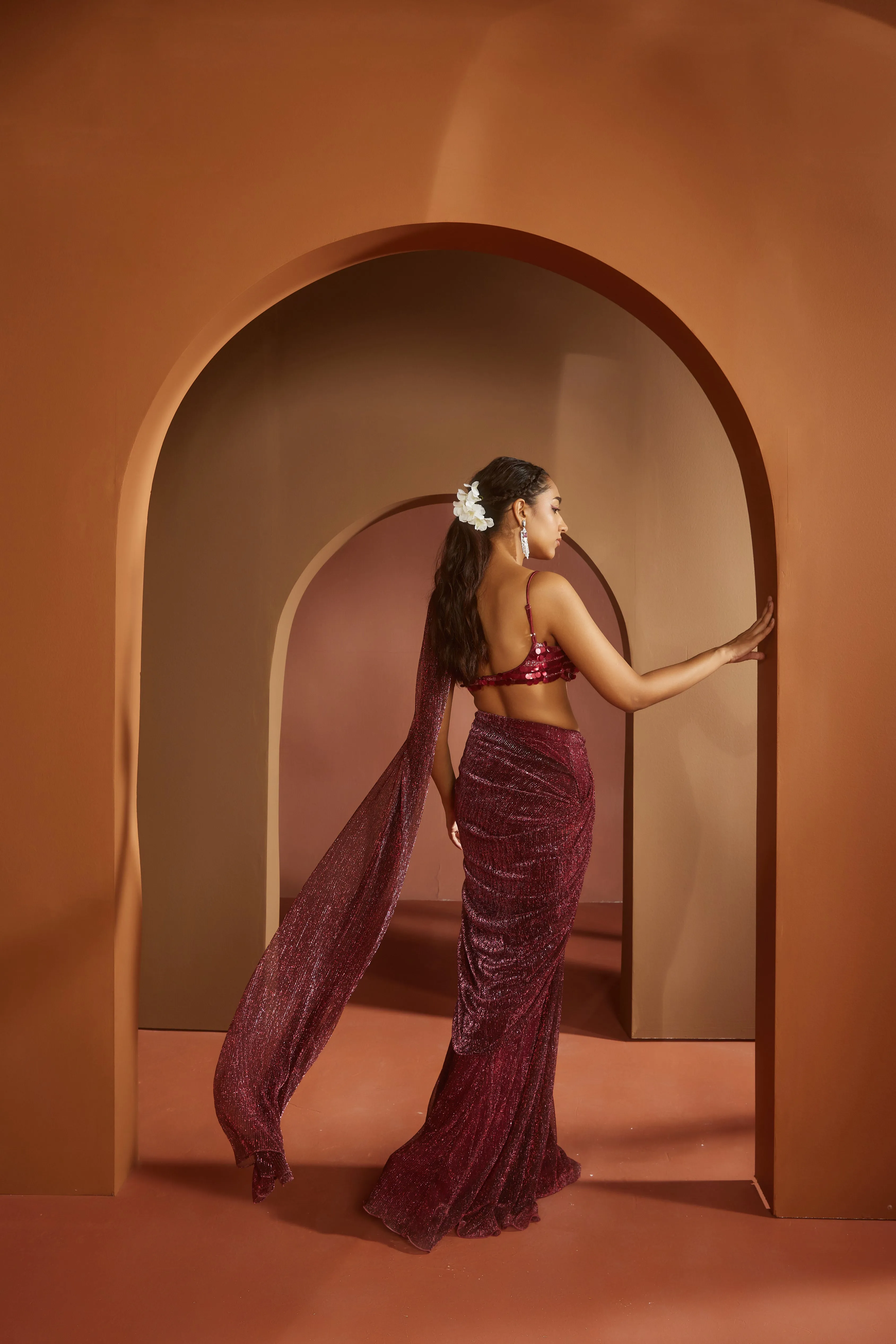 Humaida Maroon Shimmer Pre- Draped Saree Set