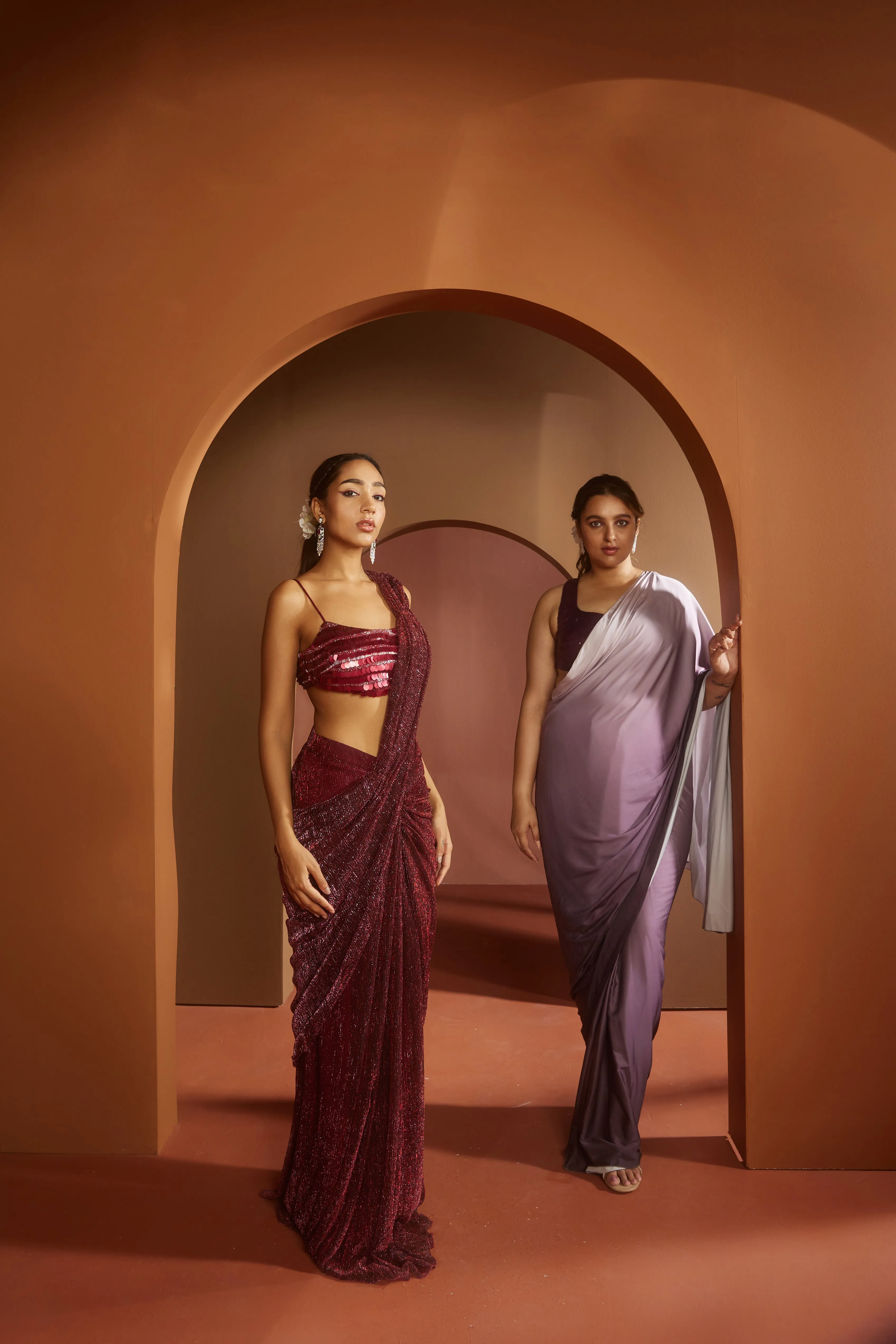 Humaida Maroon Shimmer Pre- Draped Saree Set