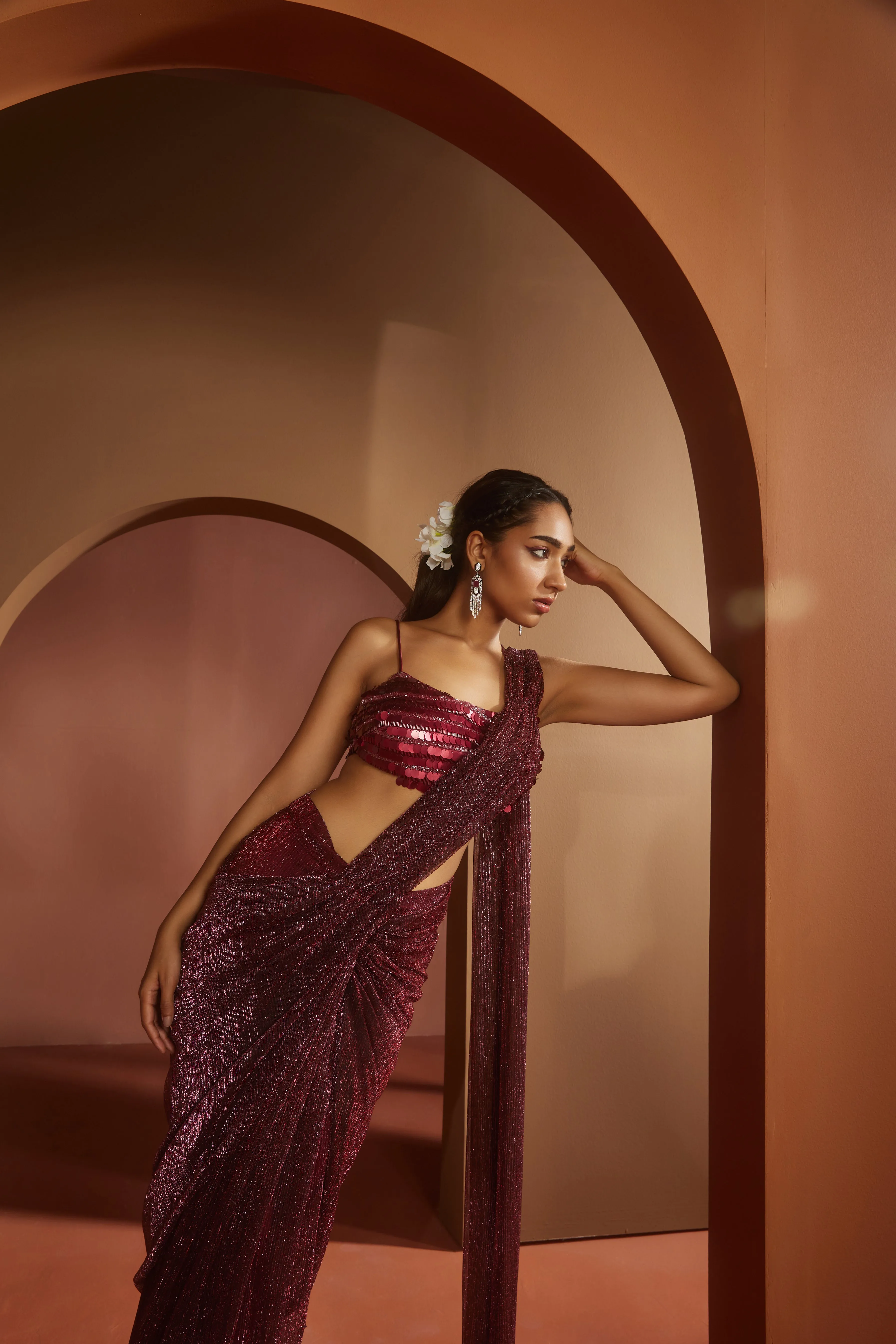 Humaida Maroon Shimmer Pre- Draped Saree Set