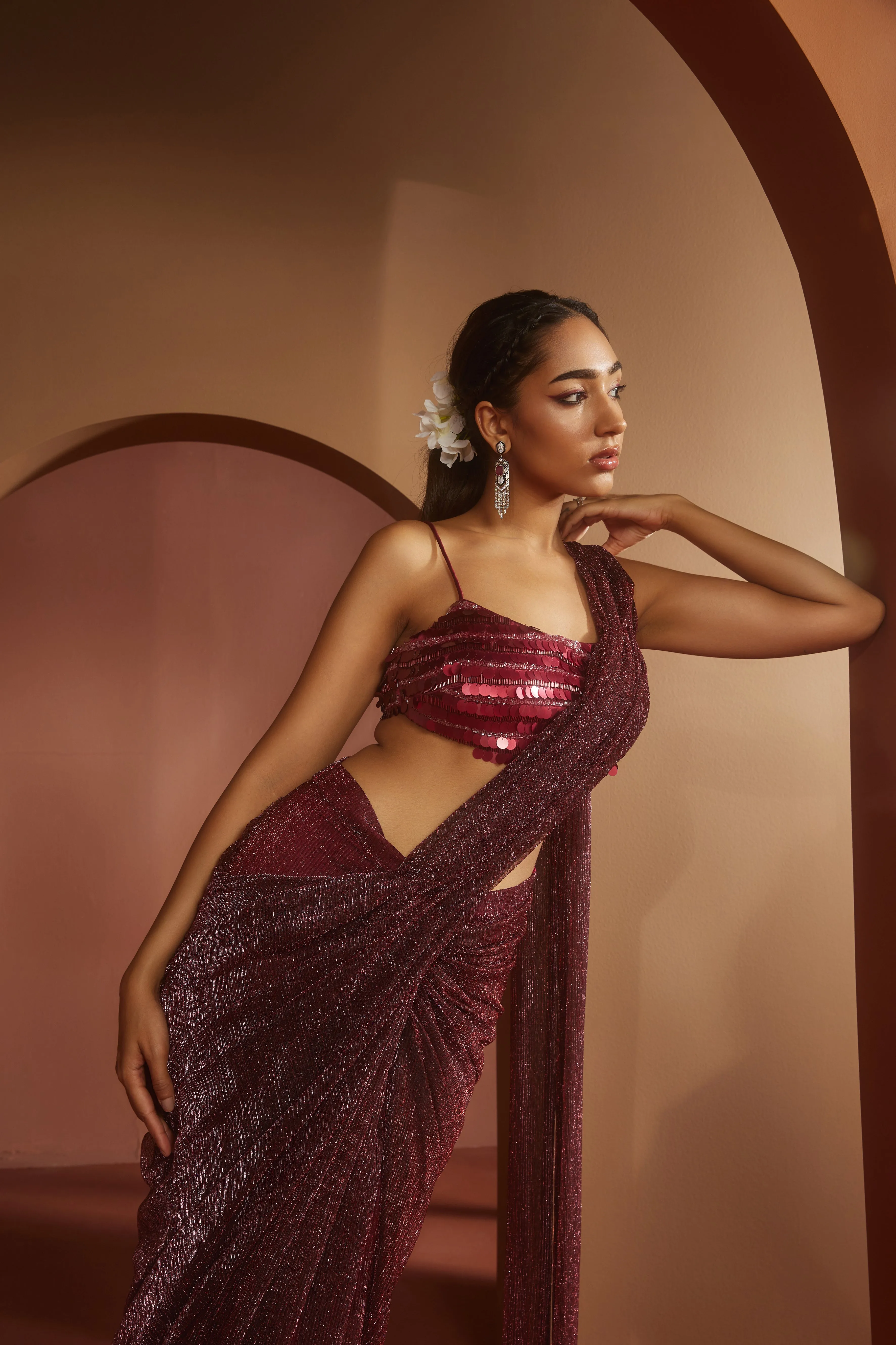 Humaida Maroon Shimmer Pre- Draped Saree Set