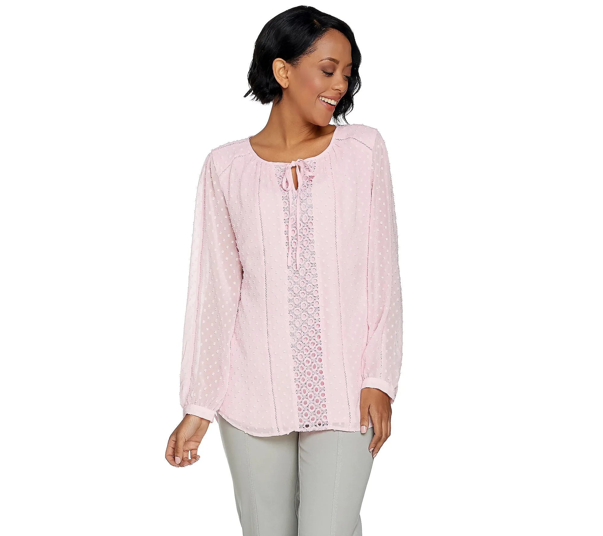 Isaac Mizrahi Live! Swiss Dot Woven Peasant Blouse Bright ***White Size 2