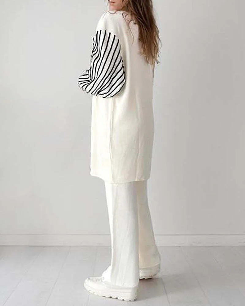 Limited Time 50% OFFBalloon Sleeve Striped Knitwear Cardigan & Pants Two-piece Set