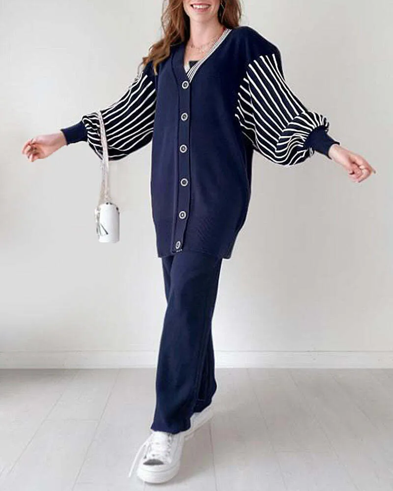 Limited Time 50% OFFBalloon Sleeve Striped Knitwear Cardigan & Pants Two-piece Set