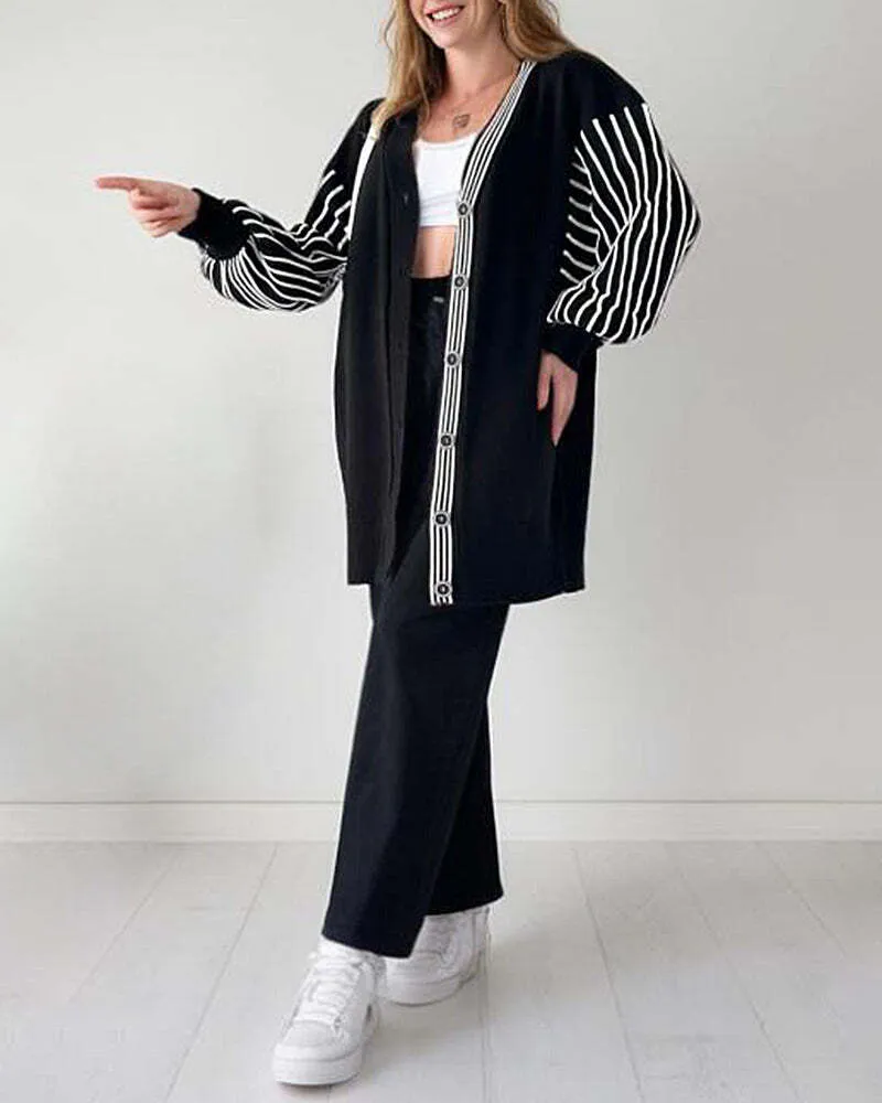 Limited Time 50% OFFBalloon Sleeve Striped Knitwear Cardigan & Pants Two-piece Set