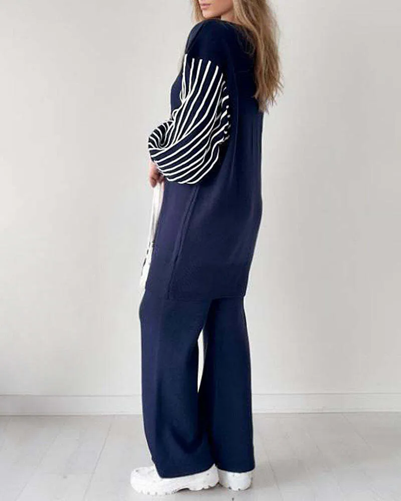 Limited Time 50% OFFBalloon Sleeve Striped Knitwear Cardigan & Pants Two-piece Set