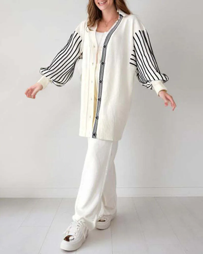 Limited Time 50% OFFBalloon Sleeve Striped Knitwear Cardigan & Pants Two-piece Set