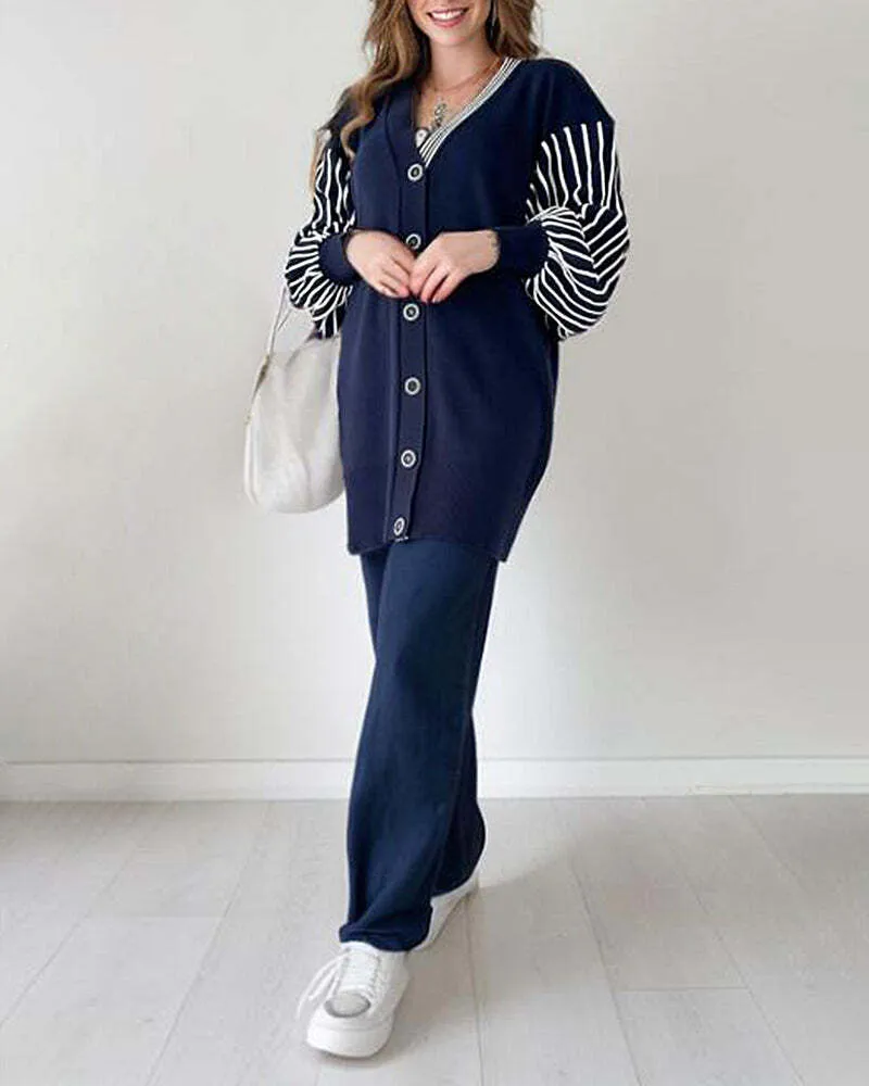 Limited Time 50% OFFBalloon Sleeve Striped Knitwear Cardigan & Pants Two-piece Set