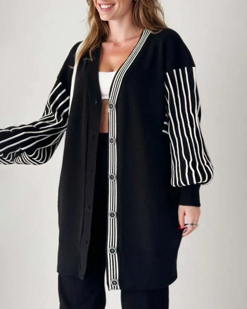 Limited Time 50% OFFBalloon Sleeve Striped Knitwear Cardigan & Pants Two-piece Set