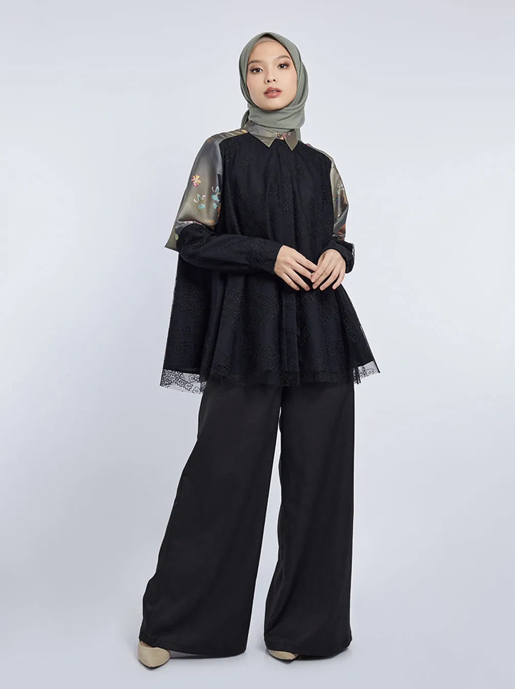 MAUDY LAYERED A-LINE TOP CHARCOAL