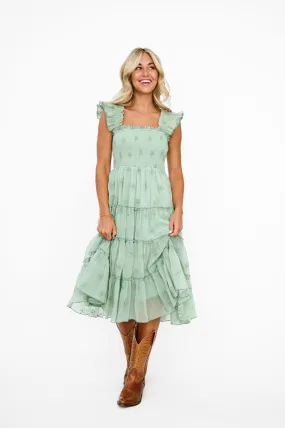 Michaela Floral Embroidered Dress in Sage