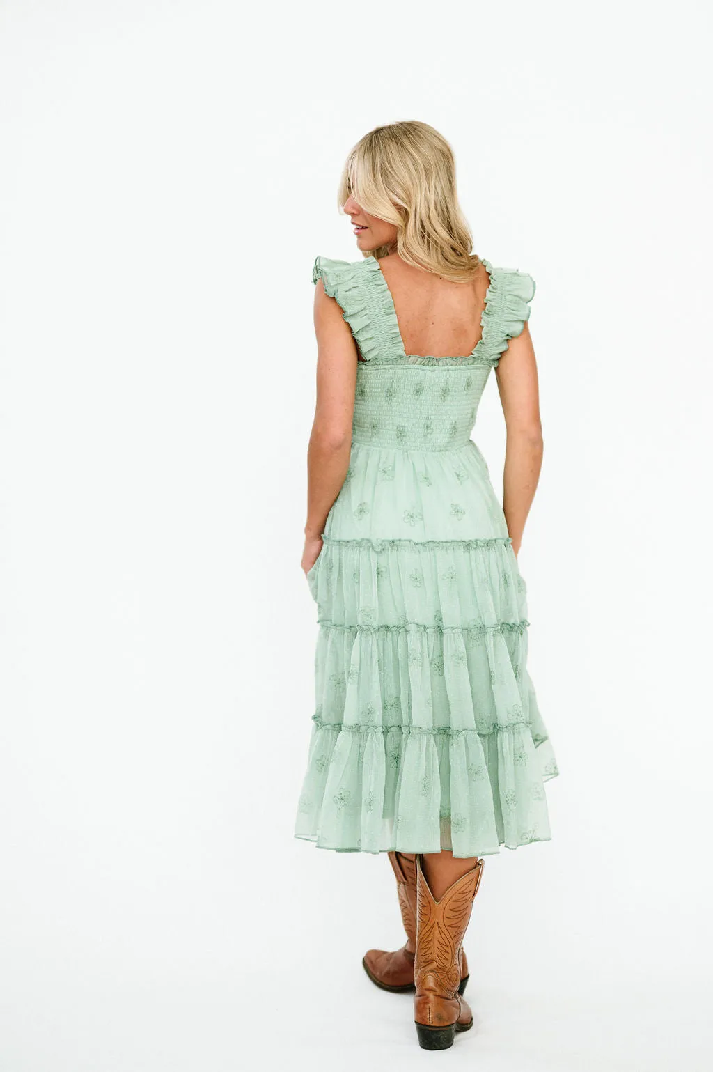 Michaela Floral Embroidered Dress in Sage