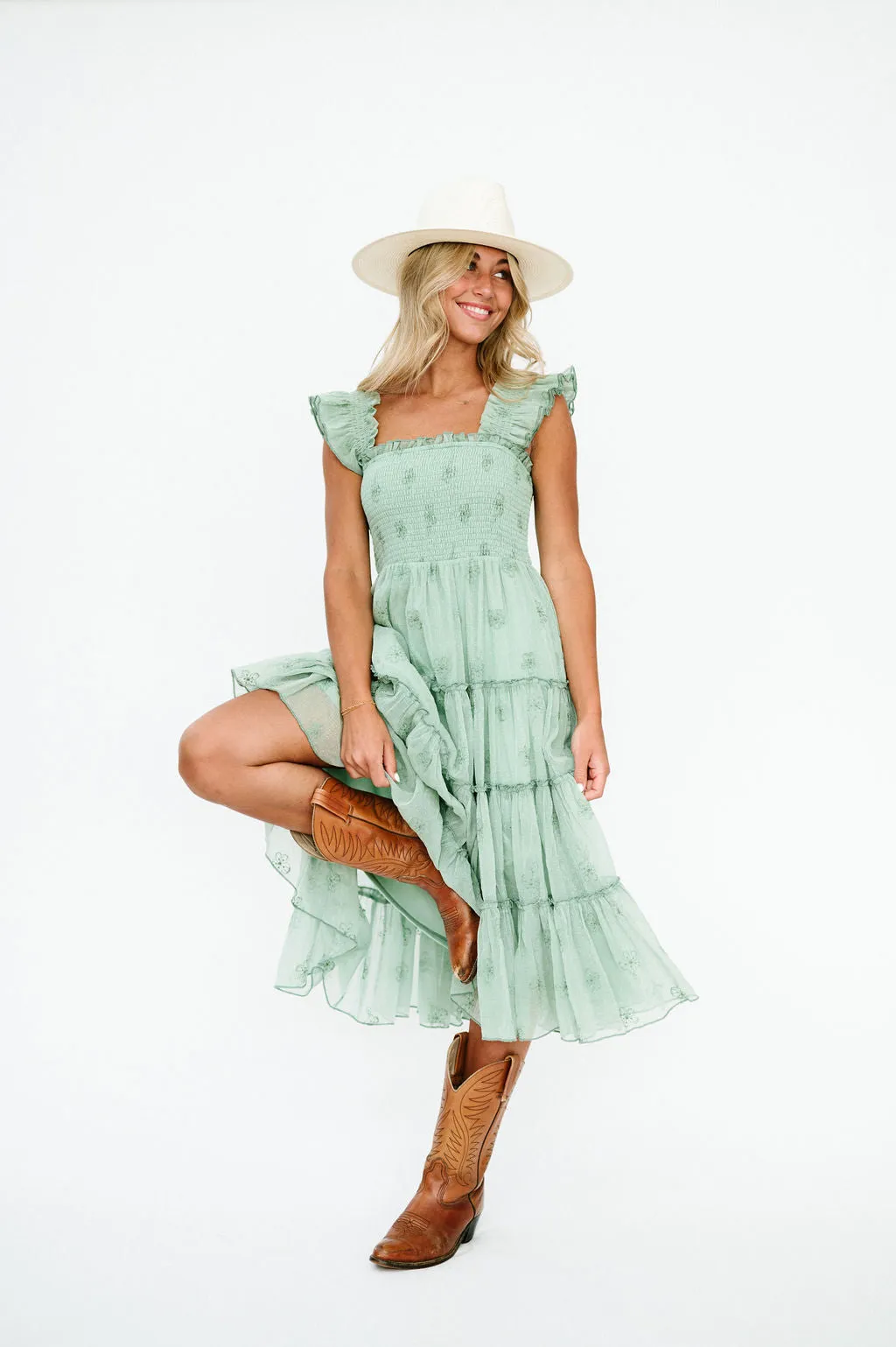 Michaela Floral Embroidered Dress in Sage