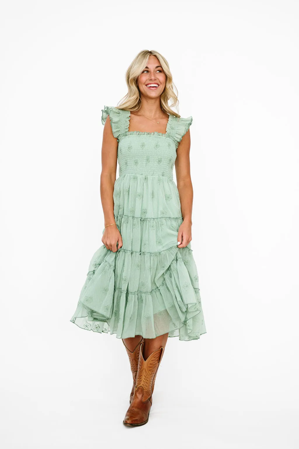 Michaela Floral Embroidered Dress in Sage