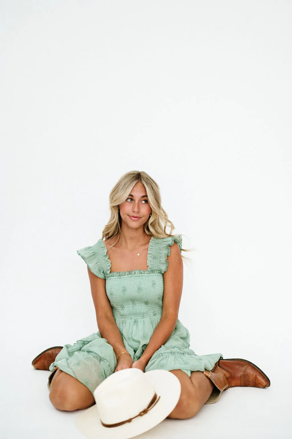 Michaela Floral Embroidered Dress in Sage