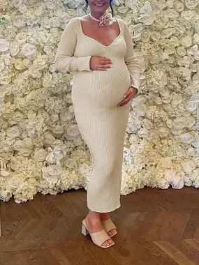 Momnfancy Apricot Crochet Bodycon Long Sleeve Elegant Chic Baby Shower Maternity Maxi Dress