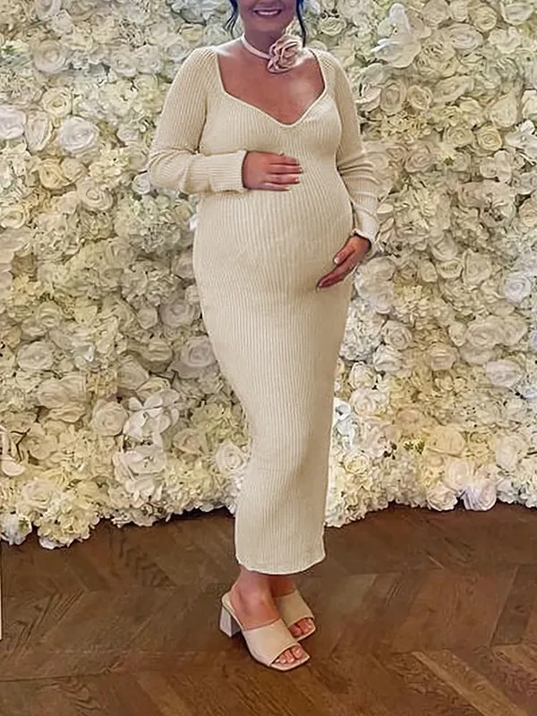 Momnfancy Apricot Crochet Bodycon Long Sleeve Elegant Chic Baby Shower Maternity Maxi Dress