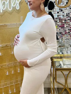 Momnfancy Elegant White Backless Tie Back Draped Mermaid Bodycon Maternity Babyshower Maxi Dress
