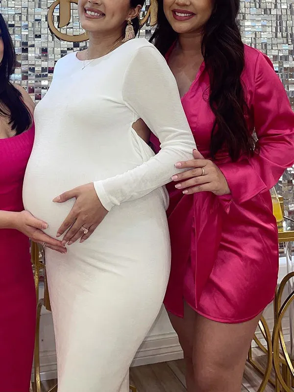 Momnfancy Elegant White Backless Tie Back Draped Mermaid Bodycon Maternity Babyshower Maxi Dress
