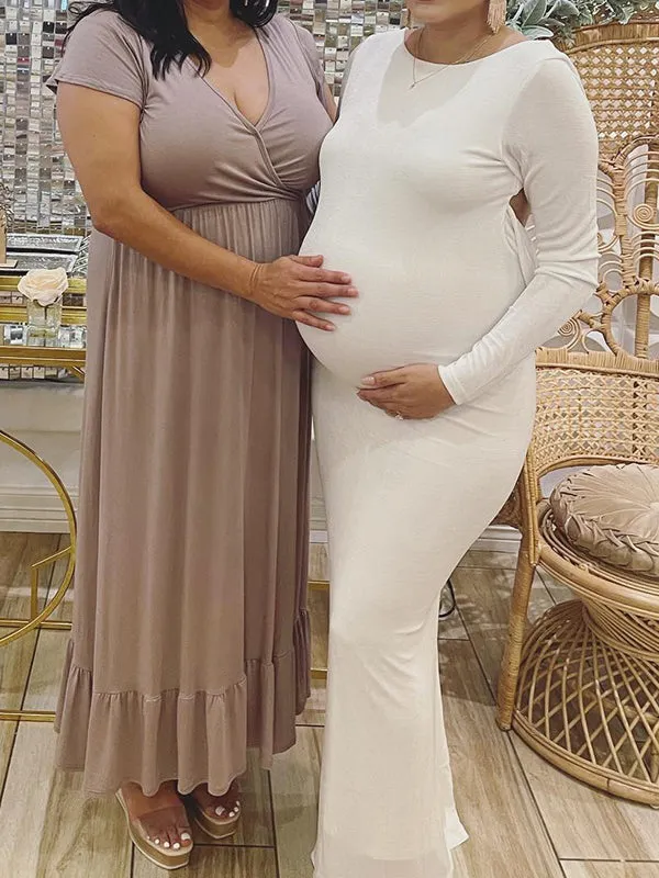 Momnfancy Elegant White Backless Tie Back Draped Mermaid Bodycon Maternity Babyshower Maxi Dress