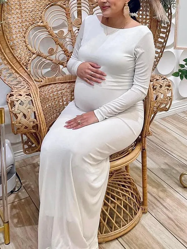 Momnfancy Elegant White Backless Tie Back Draped Mermaid Bodycon Maternity Babyshower Maxi Dress