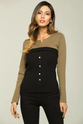 Olive Green and Black Button Up Sweater Top