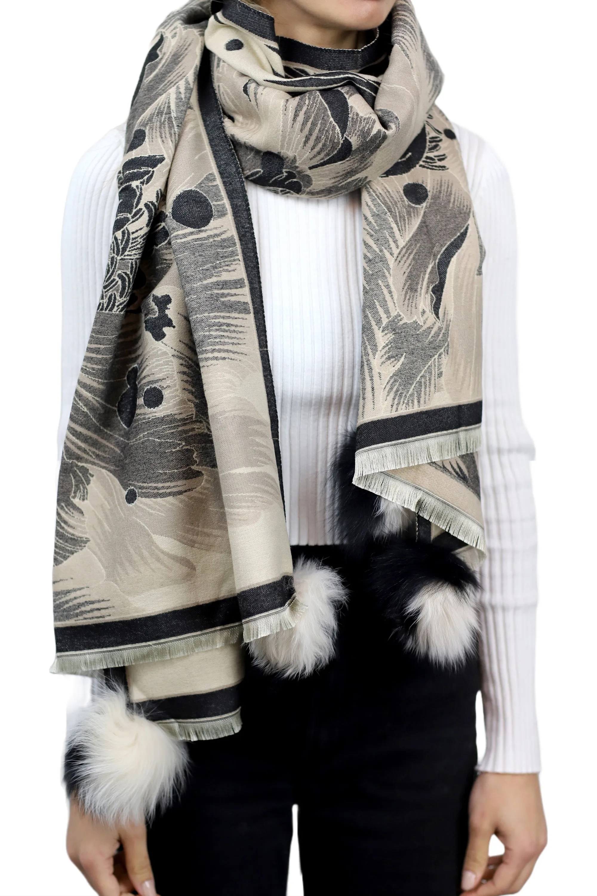 Oversized Floral Print Wrap with Fox Poms - Black & Beige